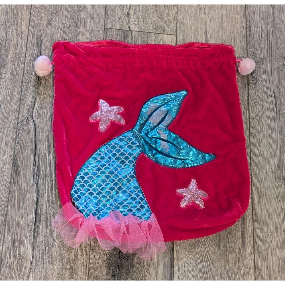 Pink Velour XL DrawstringGift Bag w/Turquoise Satin Mermaid Applique  -19W x 22L